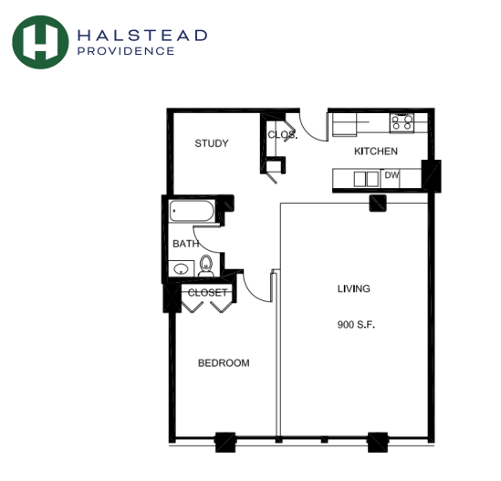 Floorplan for Apartment #P330, 1 bedroom unit at Halstead Providence
